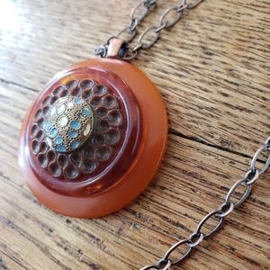 Vintage button necklace in orange and blue